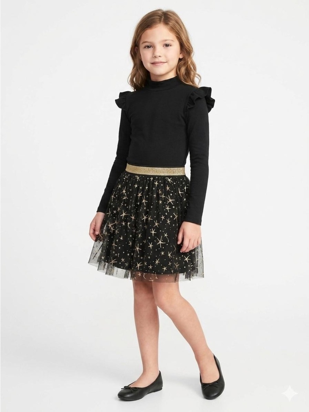 deux par deux Black/Gold Star Tulle Dress with Ruffle Shoulders size 12 party